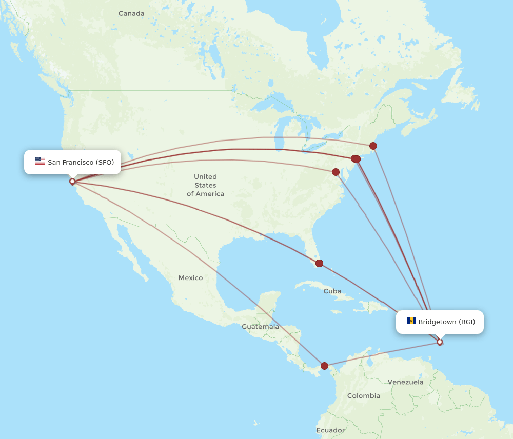 BGI-SFO flight routes