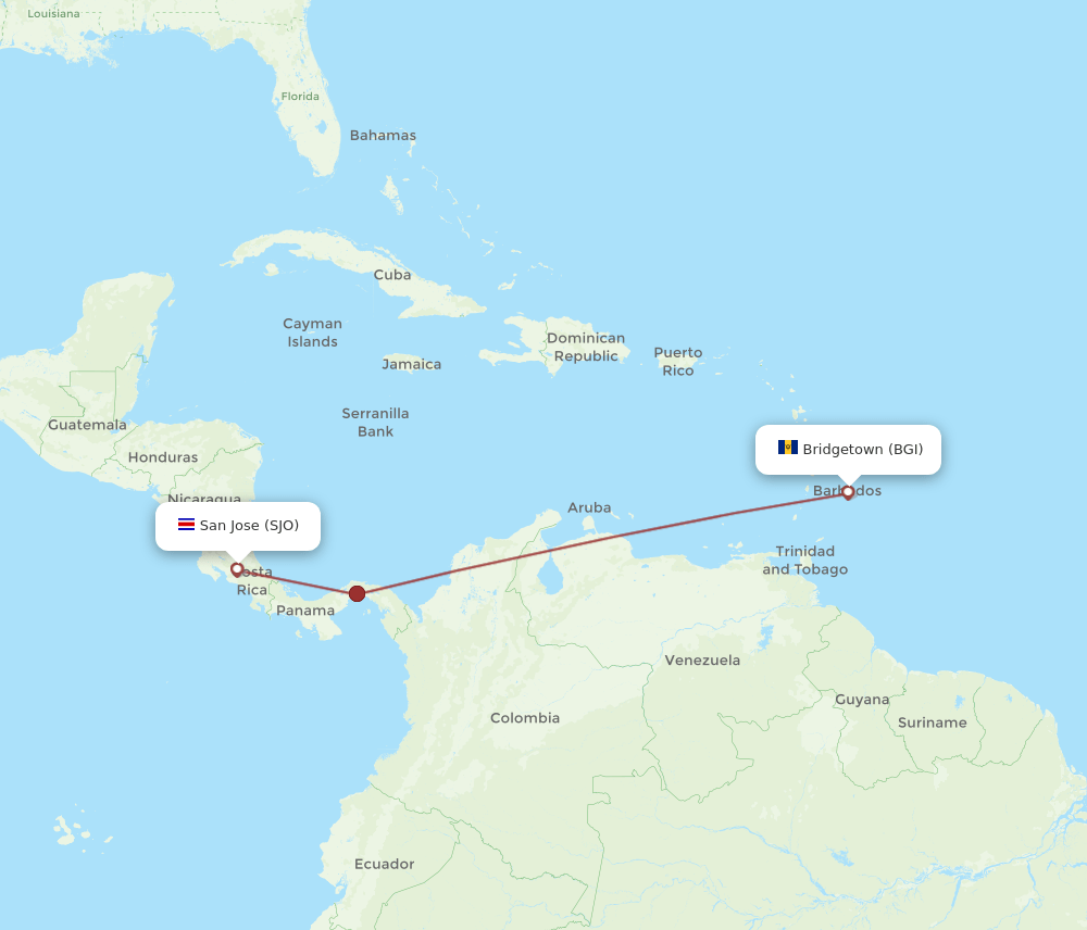 BGI to SJO flights and routes map