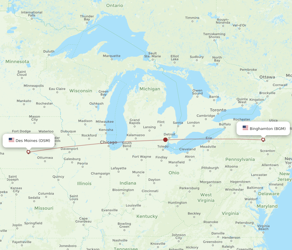 BGM to DSM flights and routes map