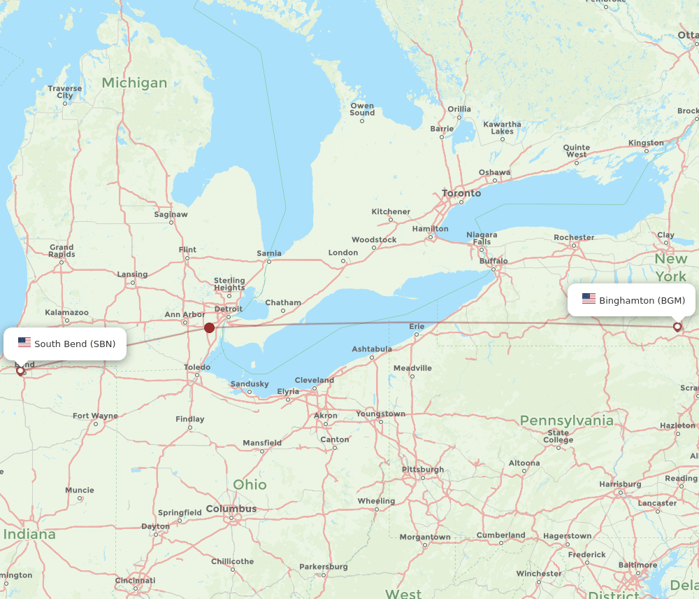 South Bend - Binghamton route map and flight paths