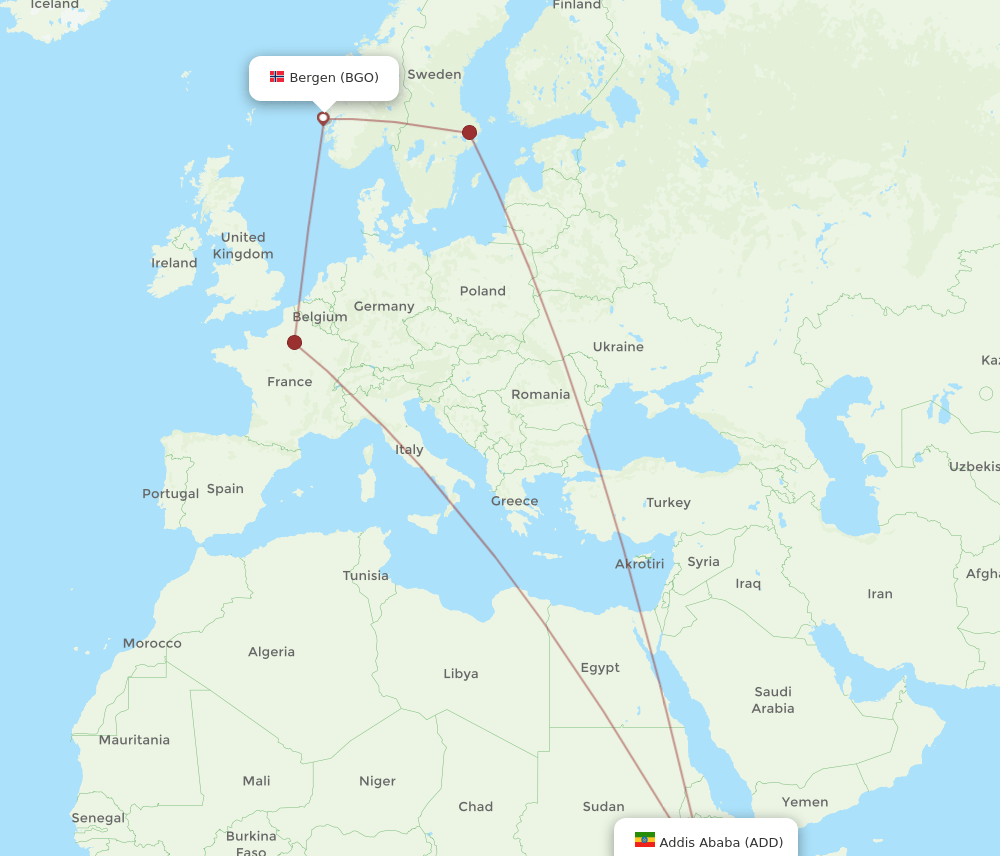 BGO to ADD flights and routes map