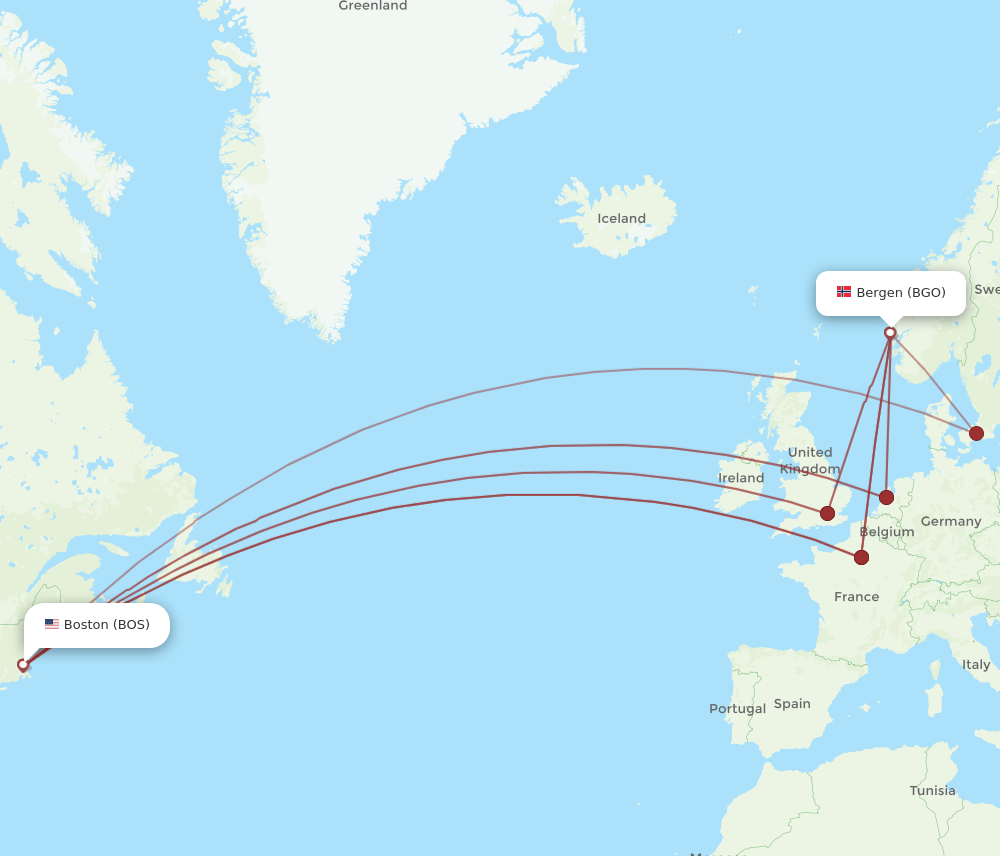 BGO-BOS flight routes
