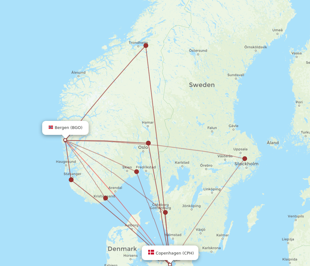 BGO to CPH flights and routes map