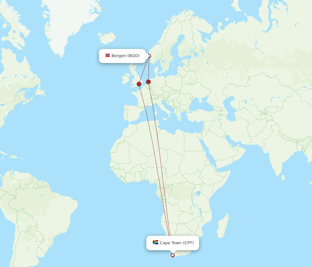 BGO to CPT flights and routes map