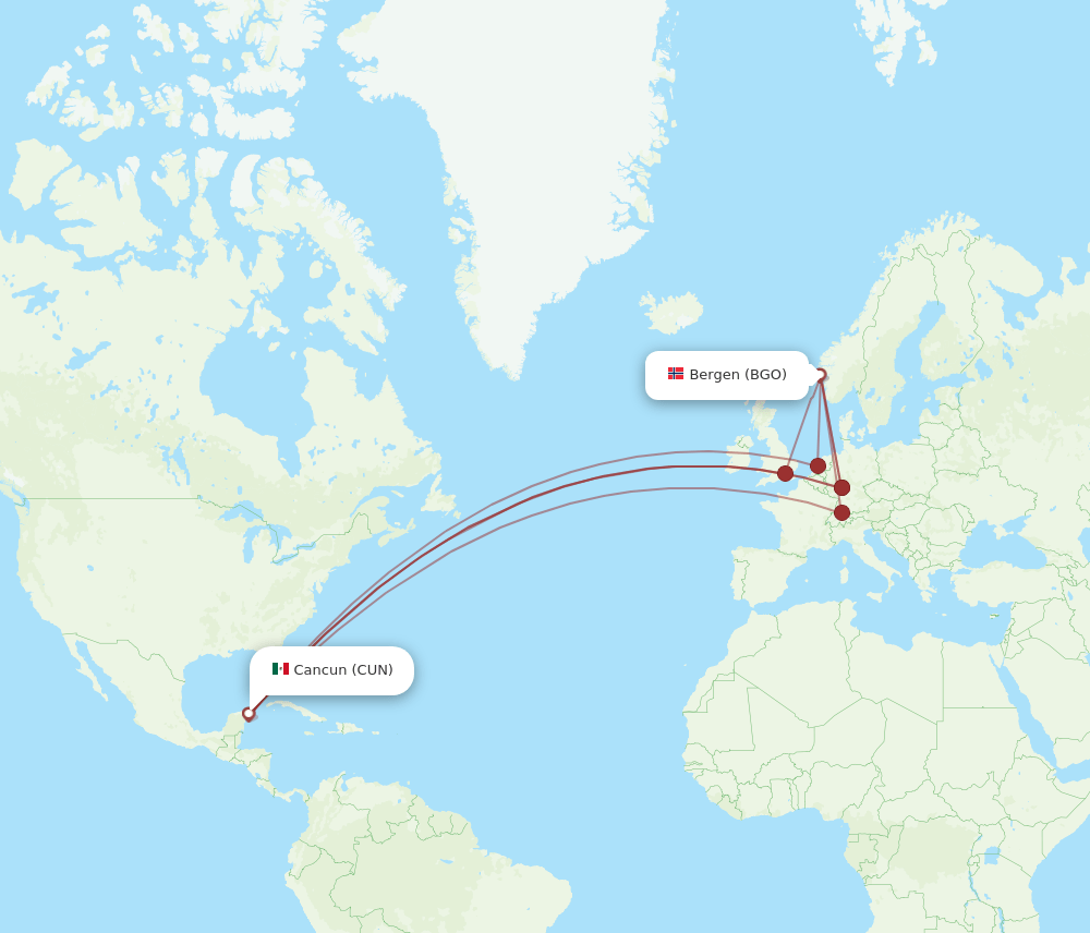 BGO-CUN flight routes