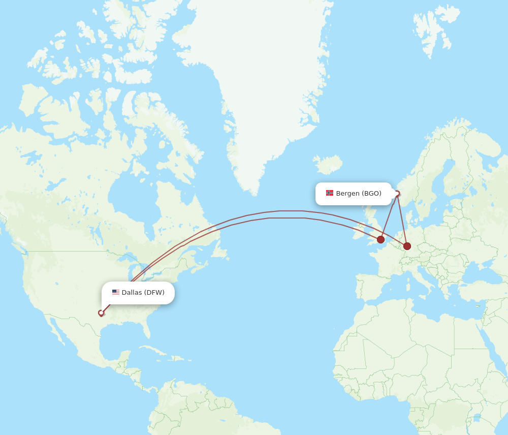 BGO to DFW flights and routes map