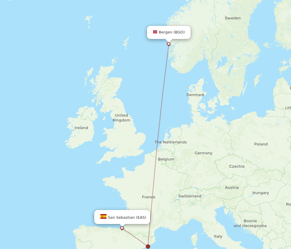 San Sebastian - Bergen route map and flight paths