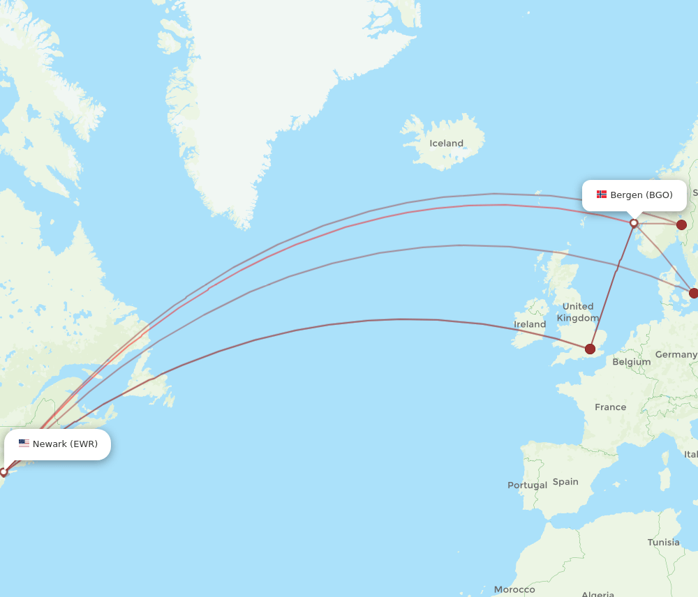 BGO to EWR flights and routes map