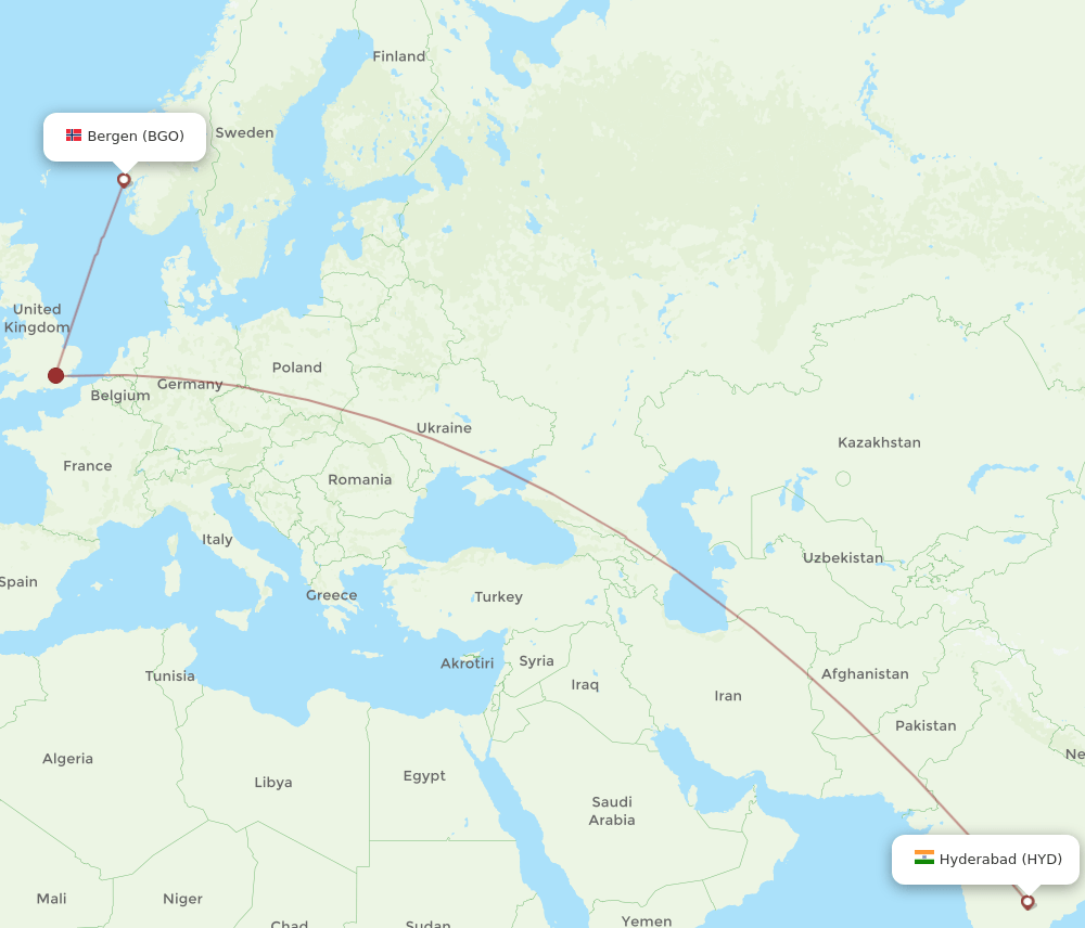 Hyderabad - Bergen route map and flight paths