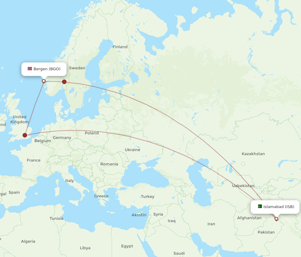 BGO to ISB flights and routes map