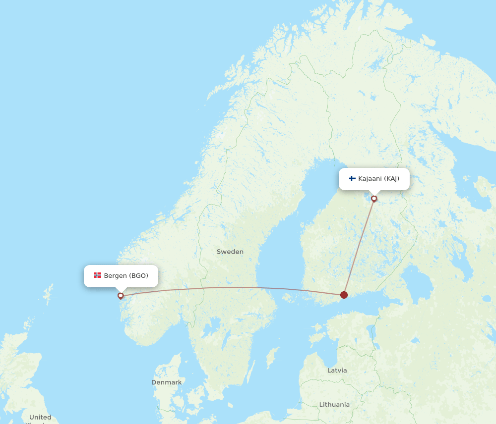 Kajaani - Bergen route map and flight paths