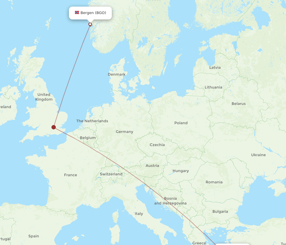 BGO to KGS flights and routes map