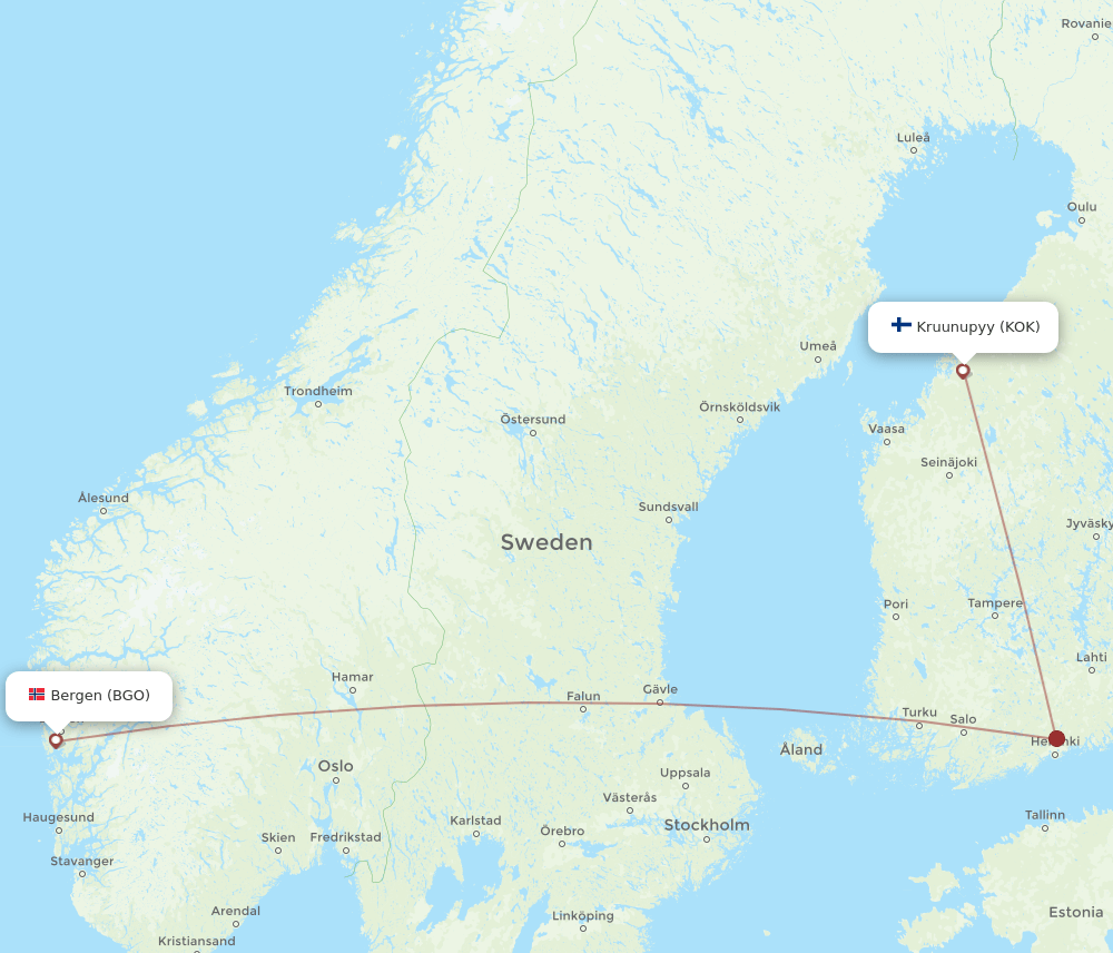 Kokkola/Pietarsaari - Bergen route map and flight paths