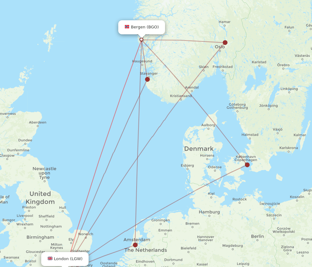 BGO to LGW flights and routes map