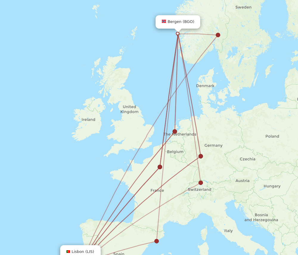 BGO-LIS flight routes