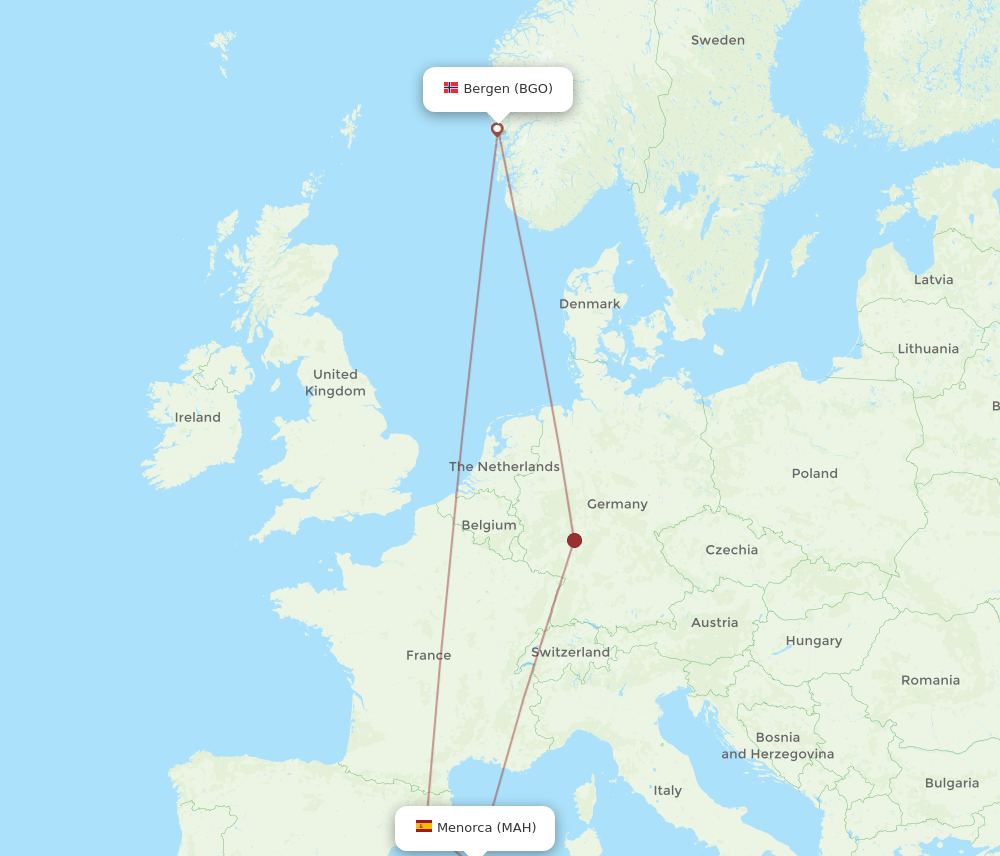 Menorca - Bergen route map and flight paths