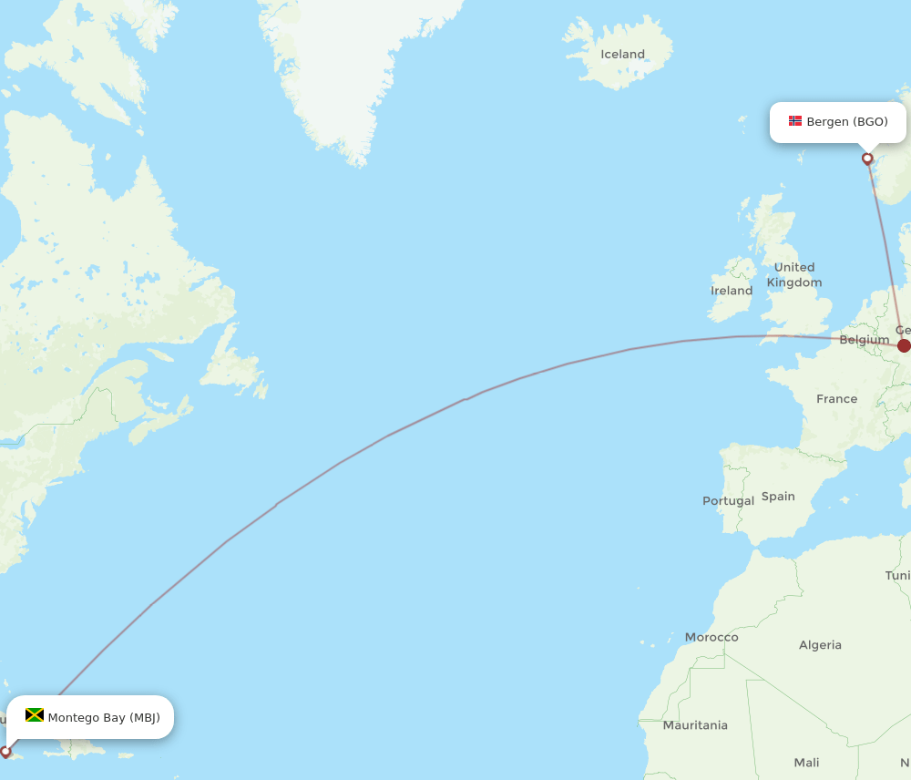 Montego Bay - Bergen route map and flight paths