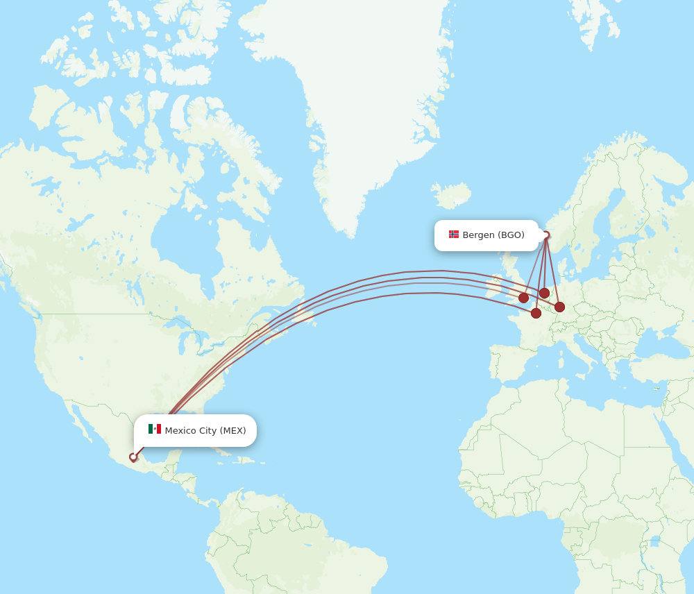 BGO to MEX flights and routes map