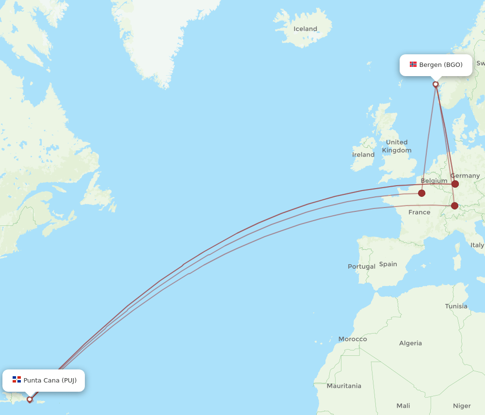 BGO to PUJ flights and routes map