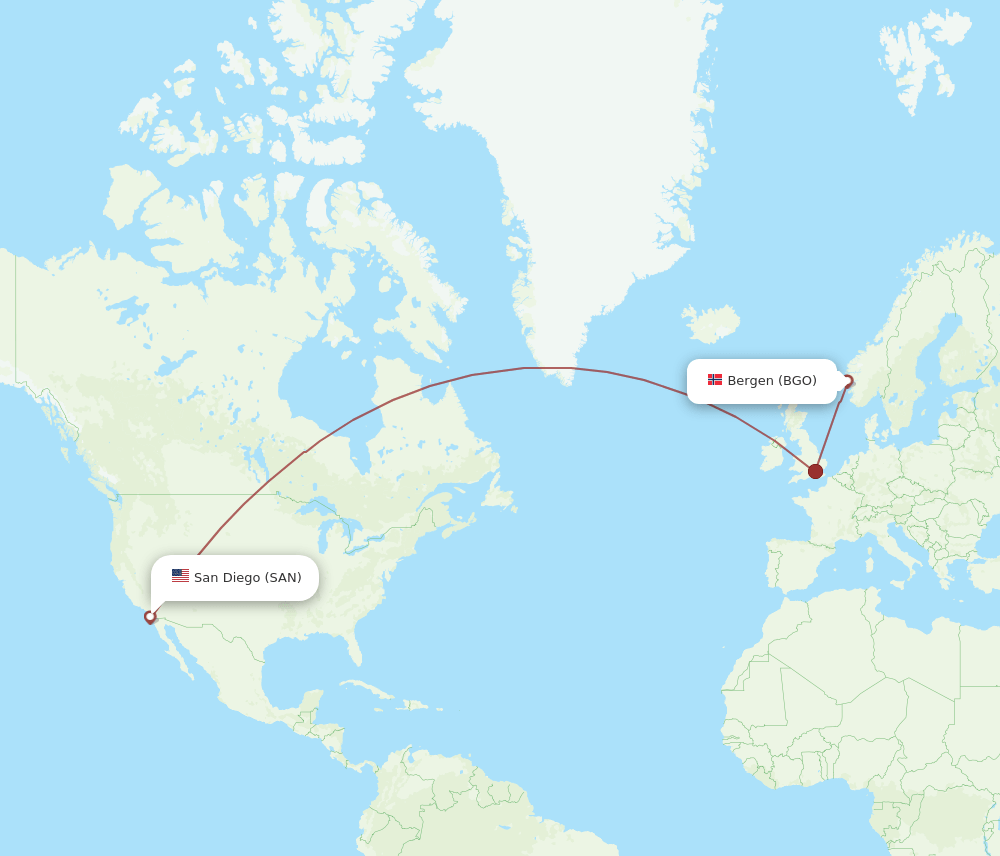 San Diego - Bergen route map and flight paths