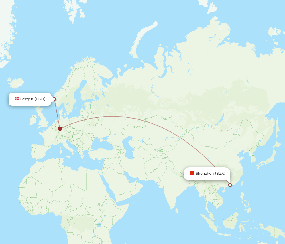 Shenzhen - Bergen route map and flight paths