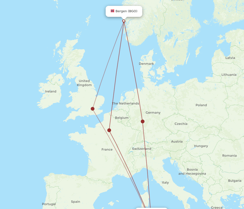 BGO to TUN flights and routes map