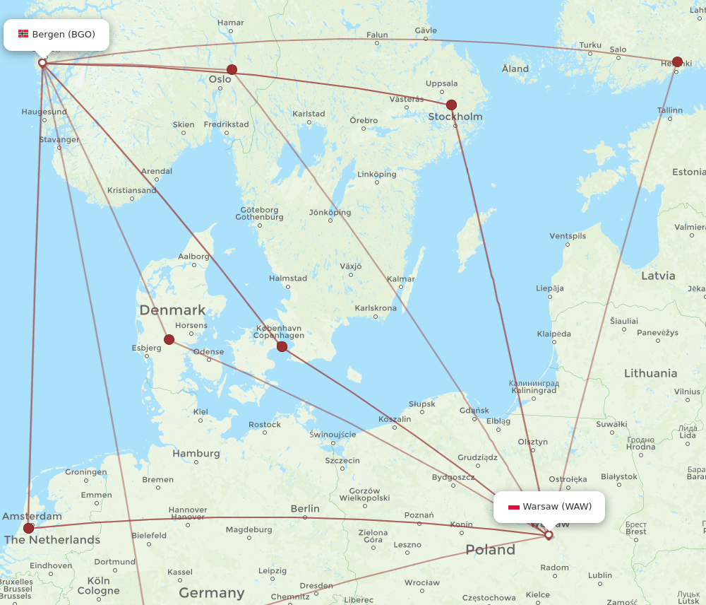 BGO-WAW flight routes