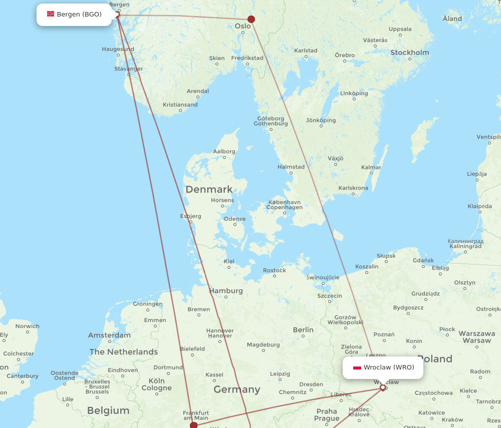 BGO to WRO flights and routes map