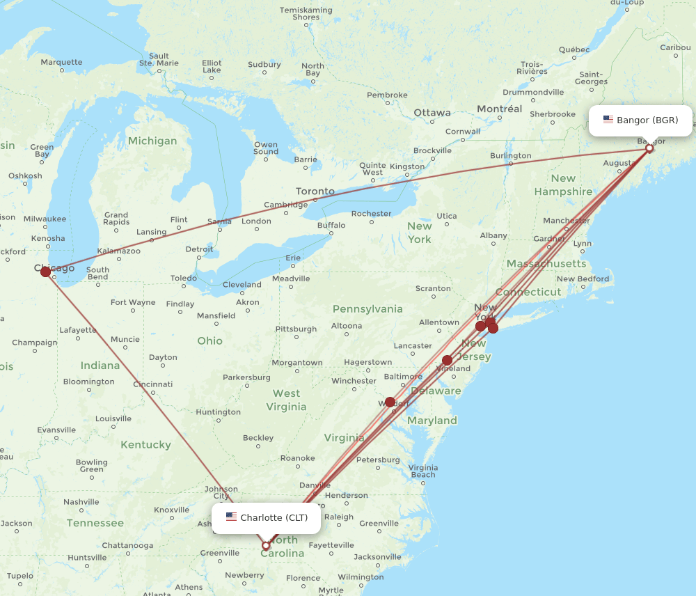 BGR-CLT flight routes