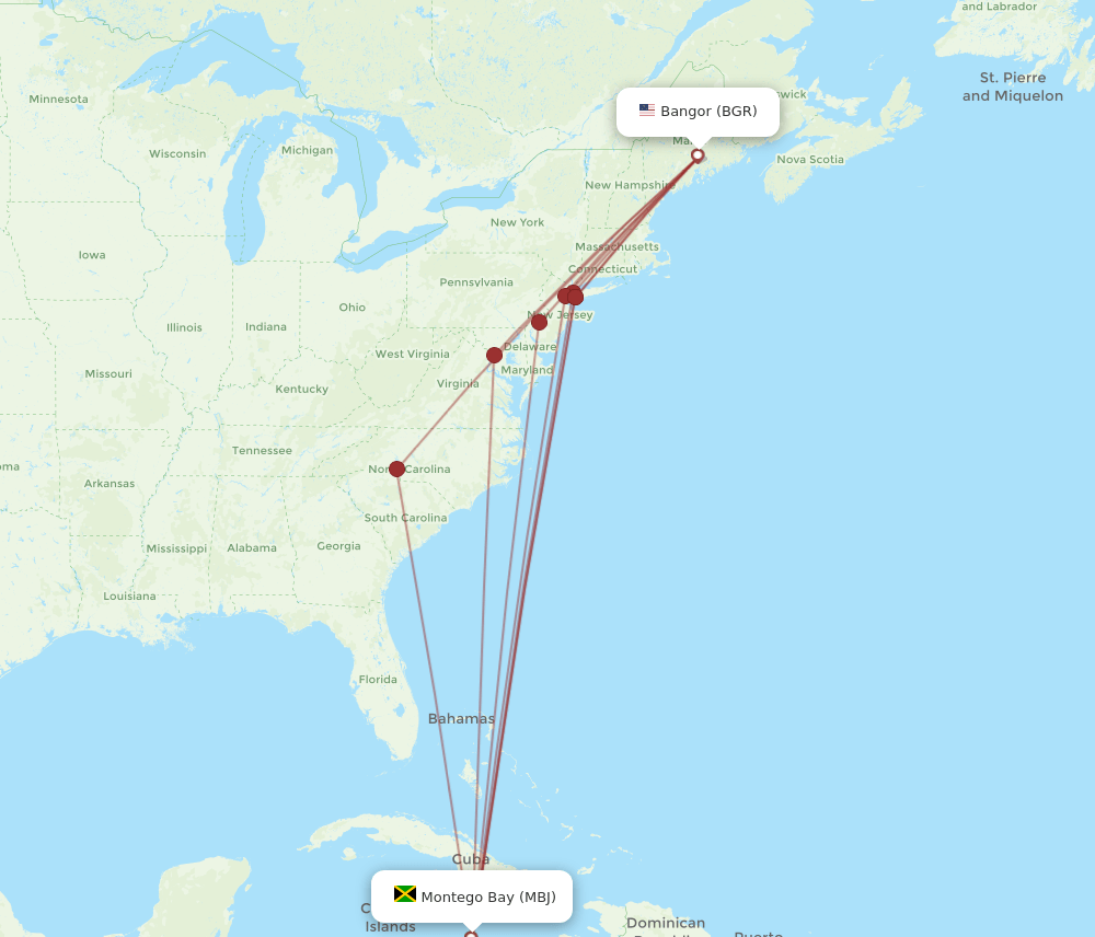 BGR to MBJ flights and routes map