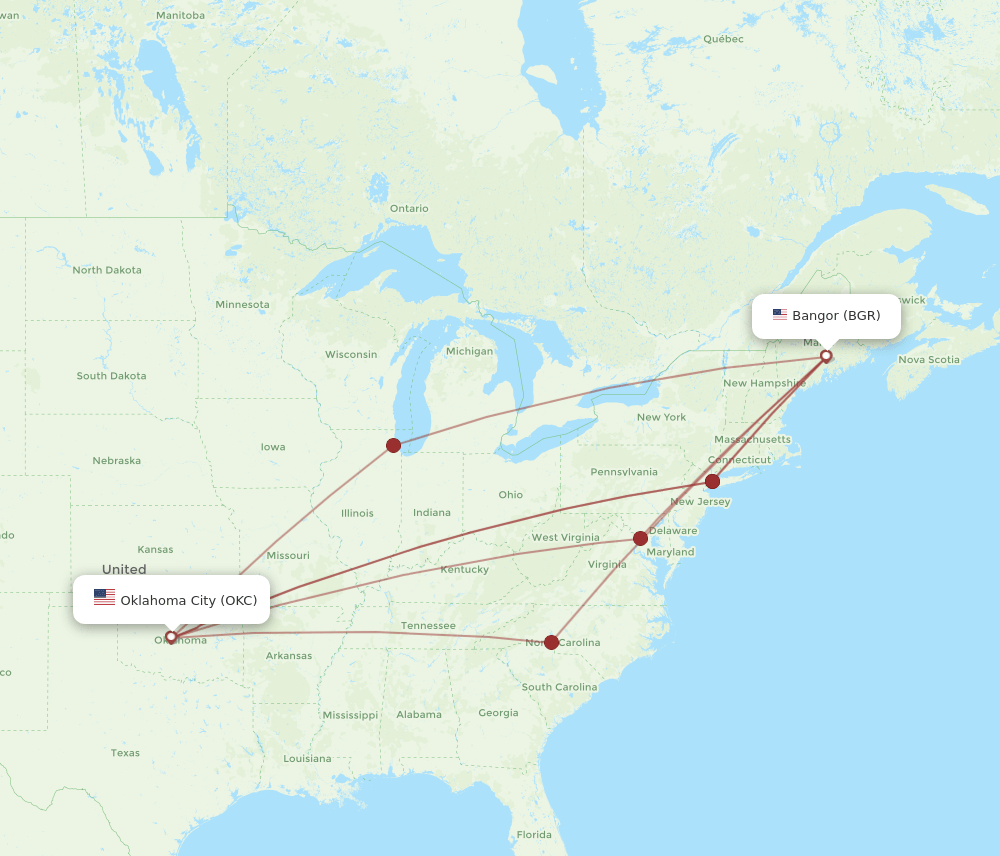 BGR to OKC flights and routes map