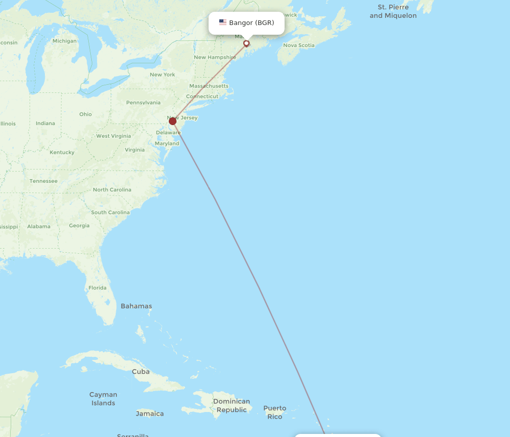 BGR to UVF flights and routes map