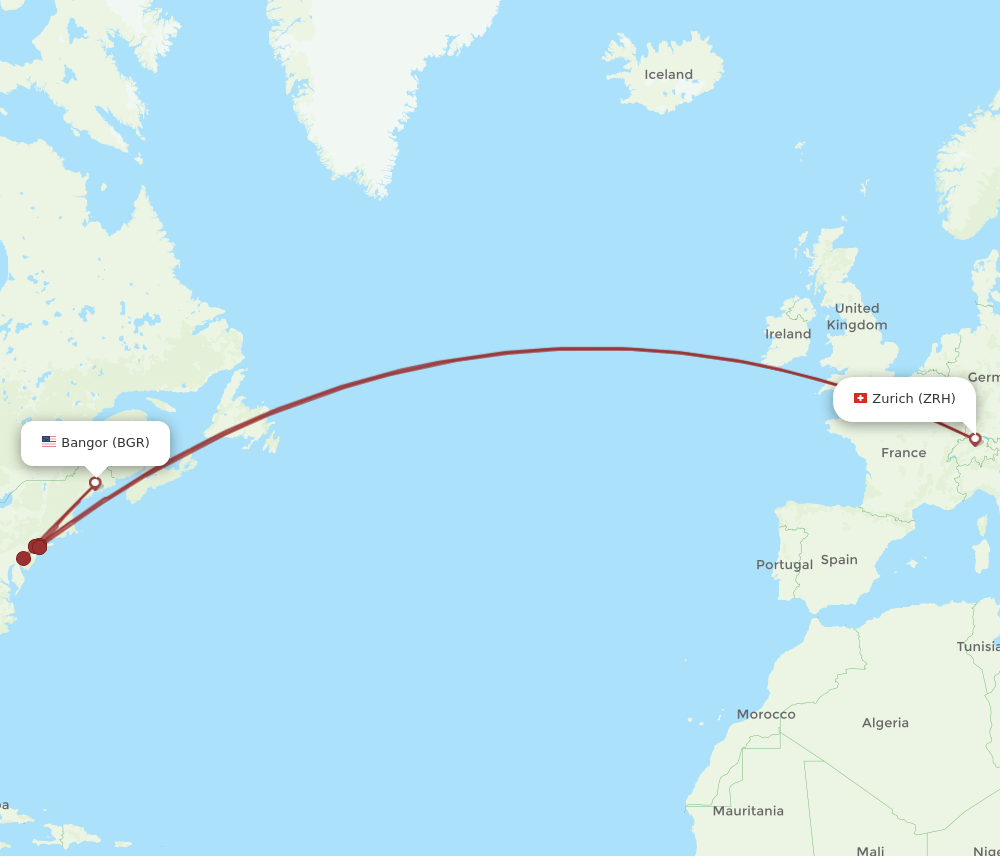 Zurich - Bangor route map and flight paths