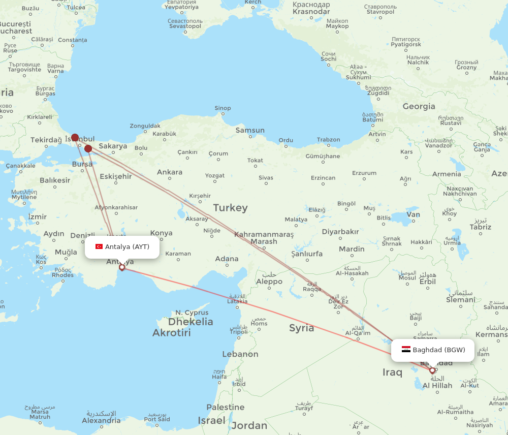 BGW to AYT flights and routes map