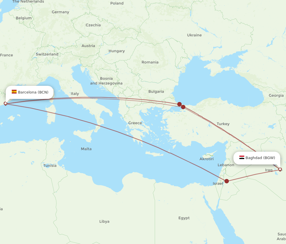 BGW-BCN flight routes
