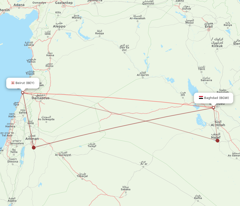 BGW to BEY flights and routes map