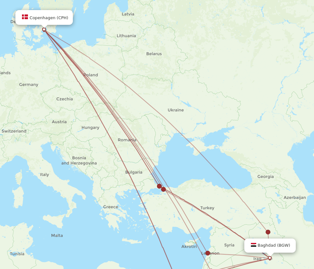 BGW to CPH flights and routes map