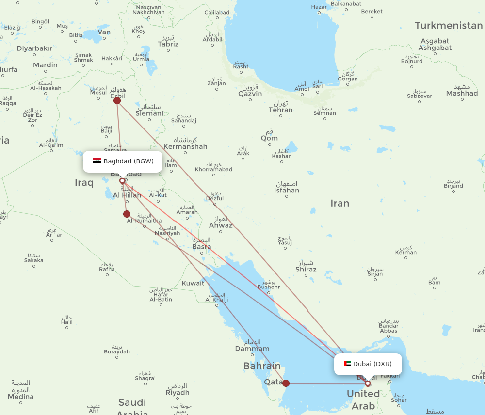 BGW to DXB flights and routes map