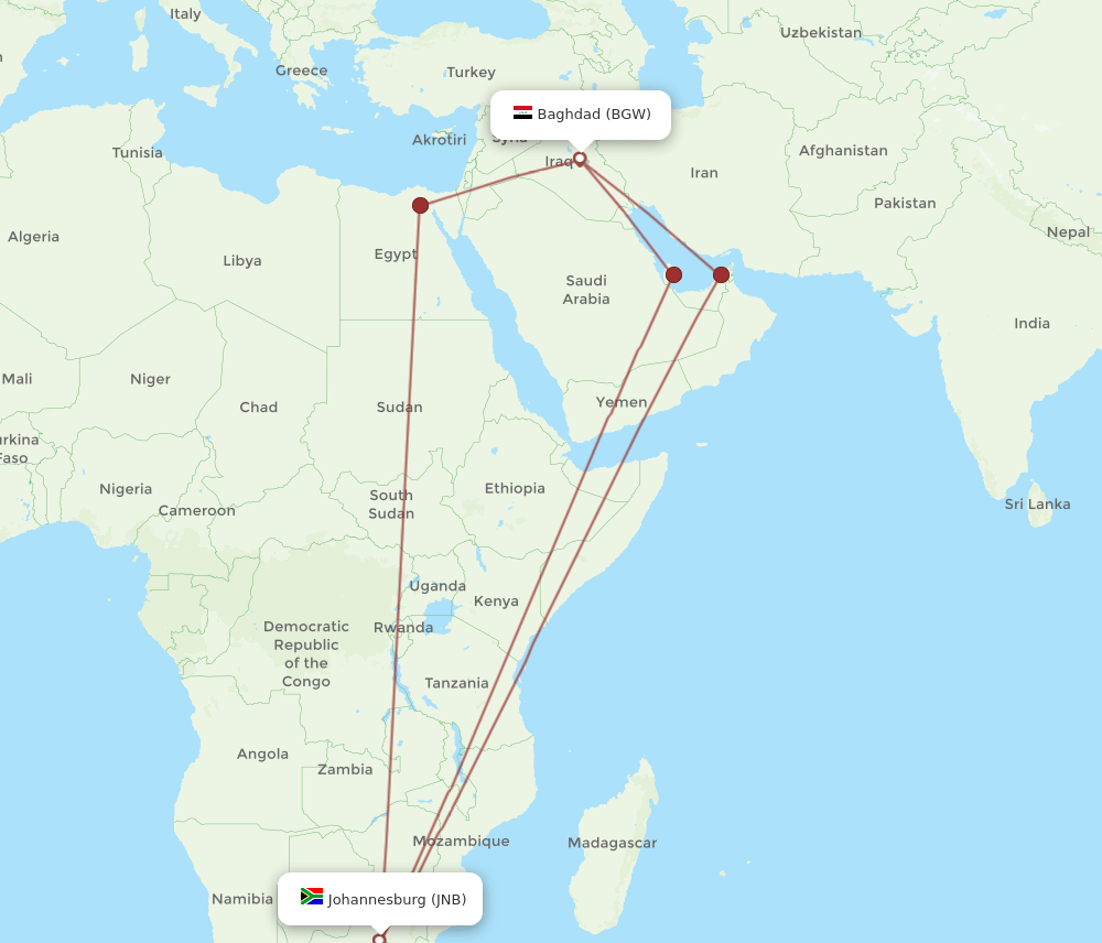 BGW-JNB flight routes