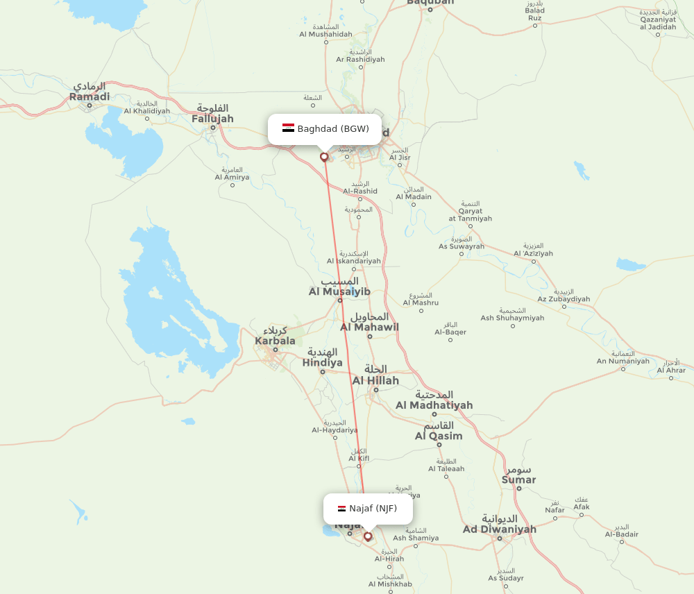 Baghdad - Al-Najaf route map and flight paths