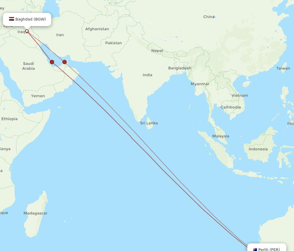 BGW-PER flight routes
