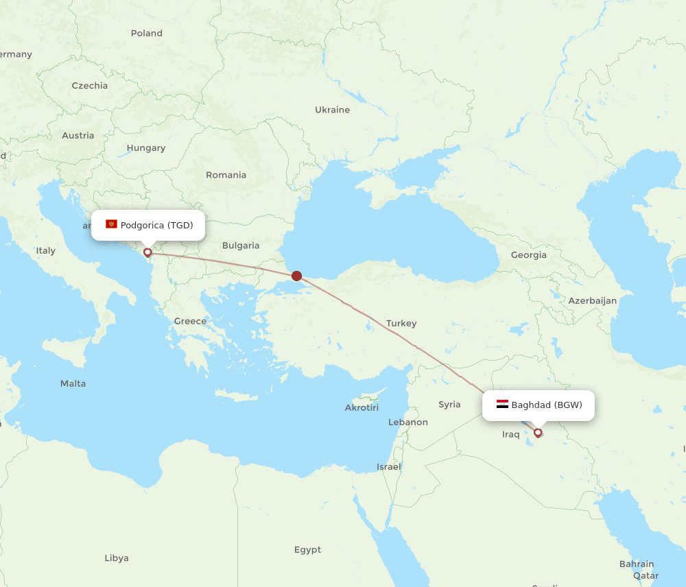 BGW to TGD flights and routes map