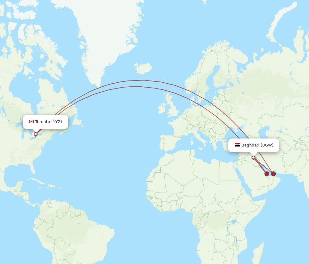 Toronto - Baghdad route map and flight paths
