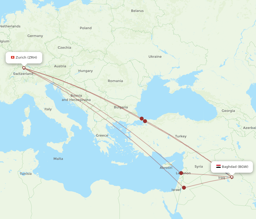 Zurich - Baghdad route map and flight paths