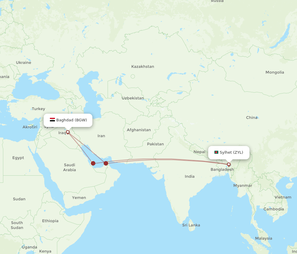 ZYL to BGW flights and routes map