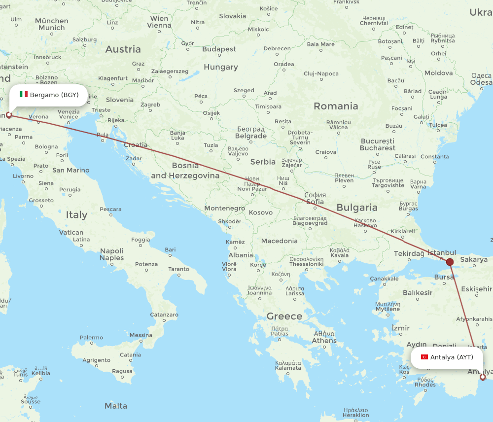 BGY to AYT flights and routes map