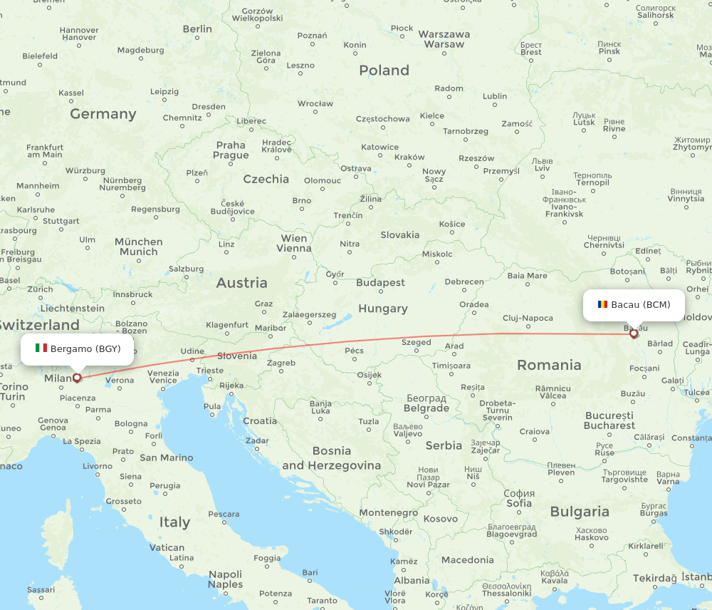 Milan - Bacau route map and flight paths