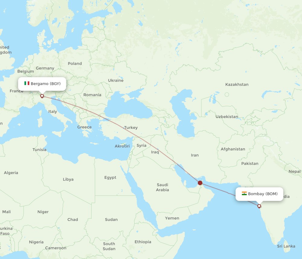Mumbai - Milan route map and flight paths