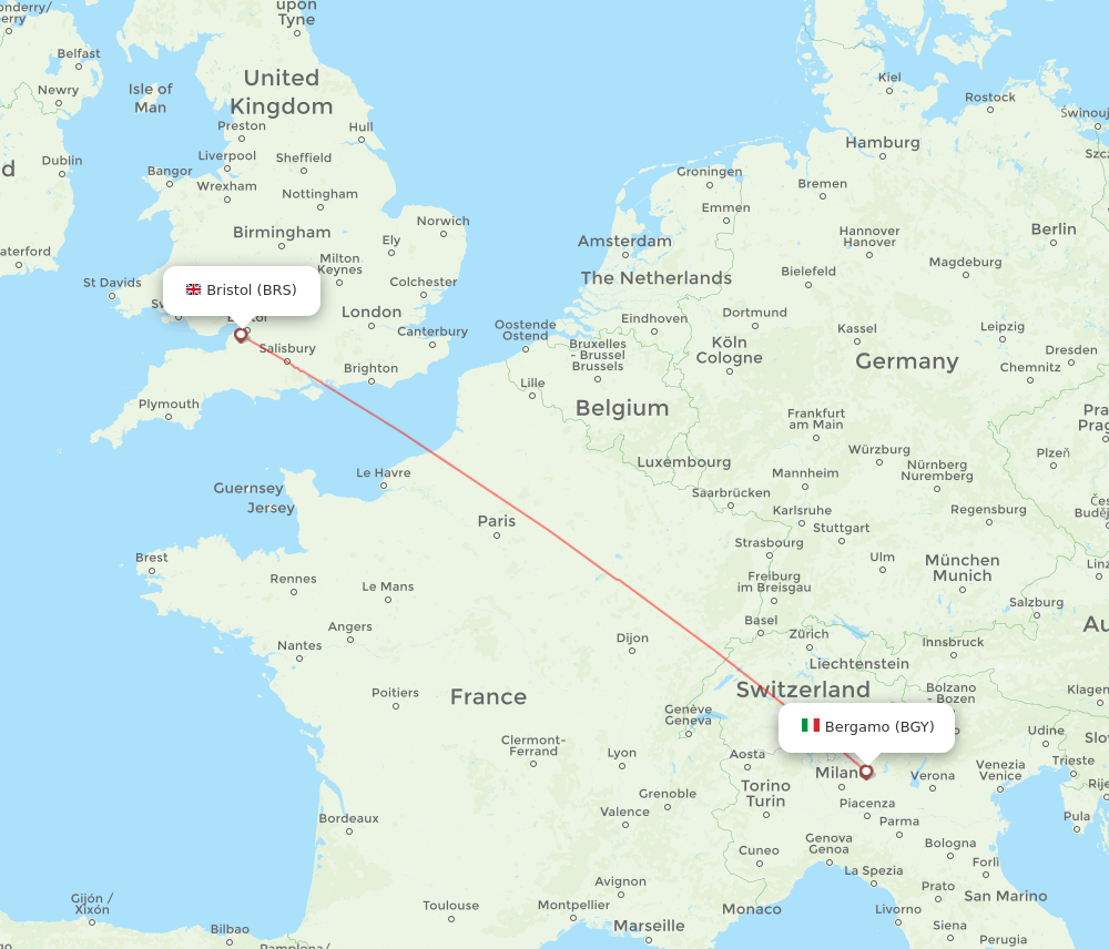 Milan - Bristol route map and flight paths