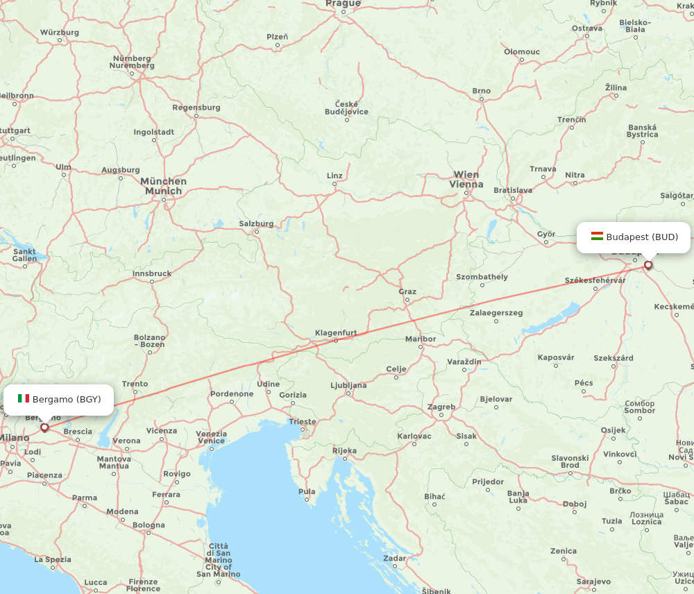 Milan - Budapest route map and flight paths